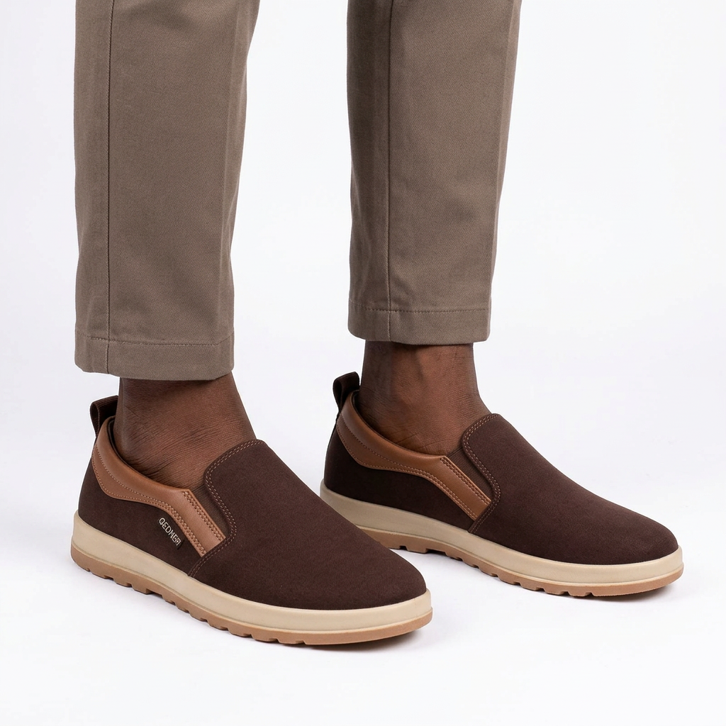 Brown tan-trim slip-on shoes worn by a Nigerian male model on white