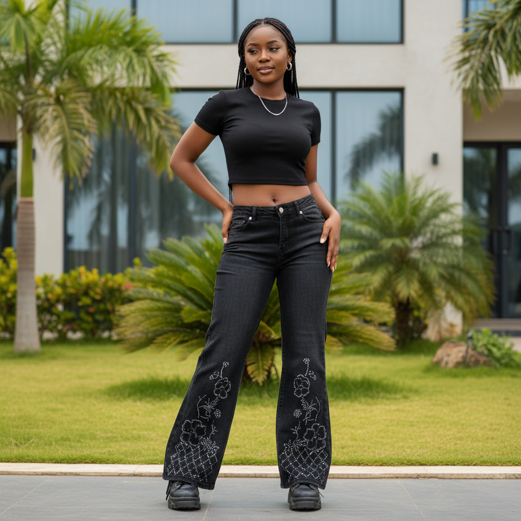Women's Black Rhinestone Floral Wide-Leg Denim Jeans - Model Shot