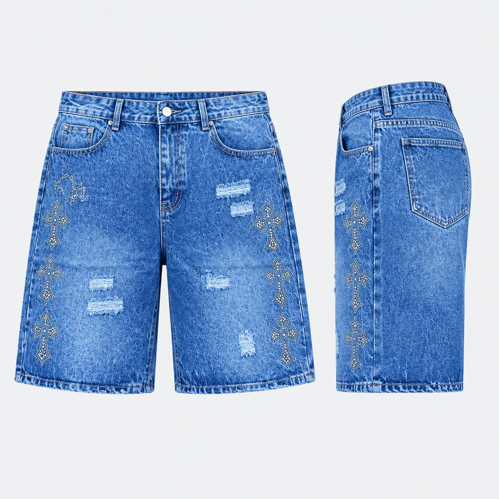 Bright blue denim shorts with cross-shaped side details and distressed patches