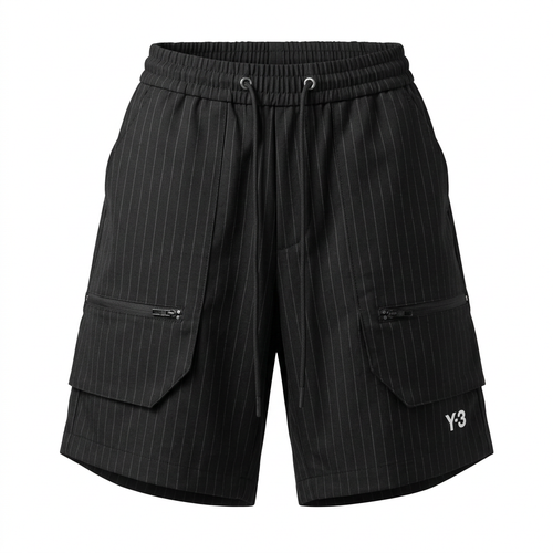 Black pinstripe zip-pocket cargo shorts, ghost mannequin front view