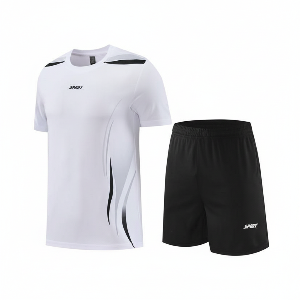 Ghost mannequin front view of white and black sports jersey set