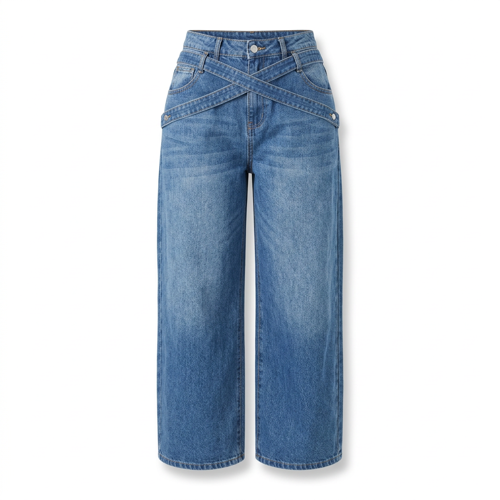 Washed blue wide-leg jeans with crossover denim straps on a white background