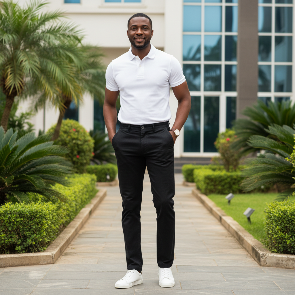 Nigerian male model wearing men's black chinos trousers