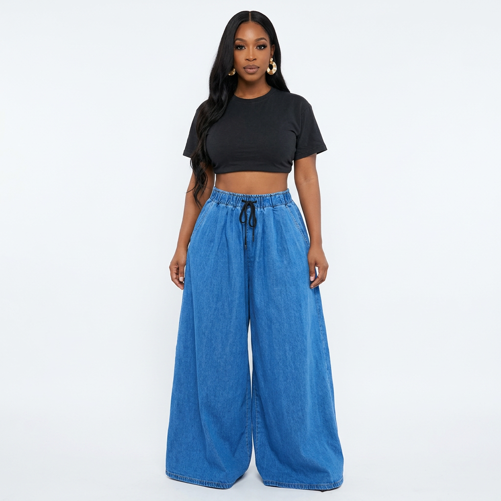 Nigerian female model wearing blue drawstring denim palazzo trousers against white