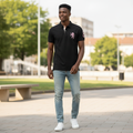 Black Lion Crest Polo Shirt on Nigerian male model