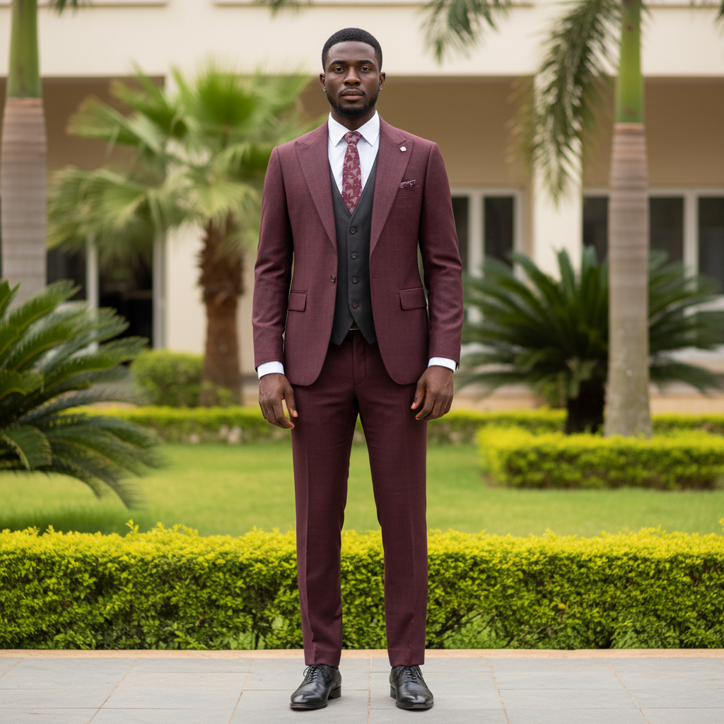 Nigerian male model wearing wine burgundy jacquard three-piece suit