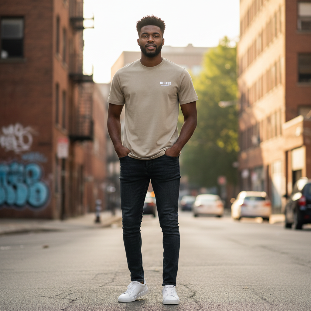 Young Nigerian male model wearing beige utility chest print tee