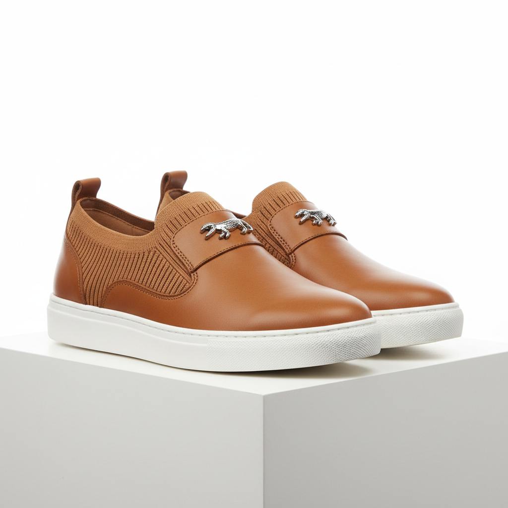 Men's tan smooth leather slip-on casual sneakers with metal badge pair product shot
