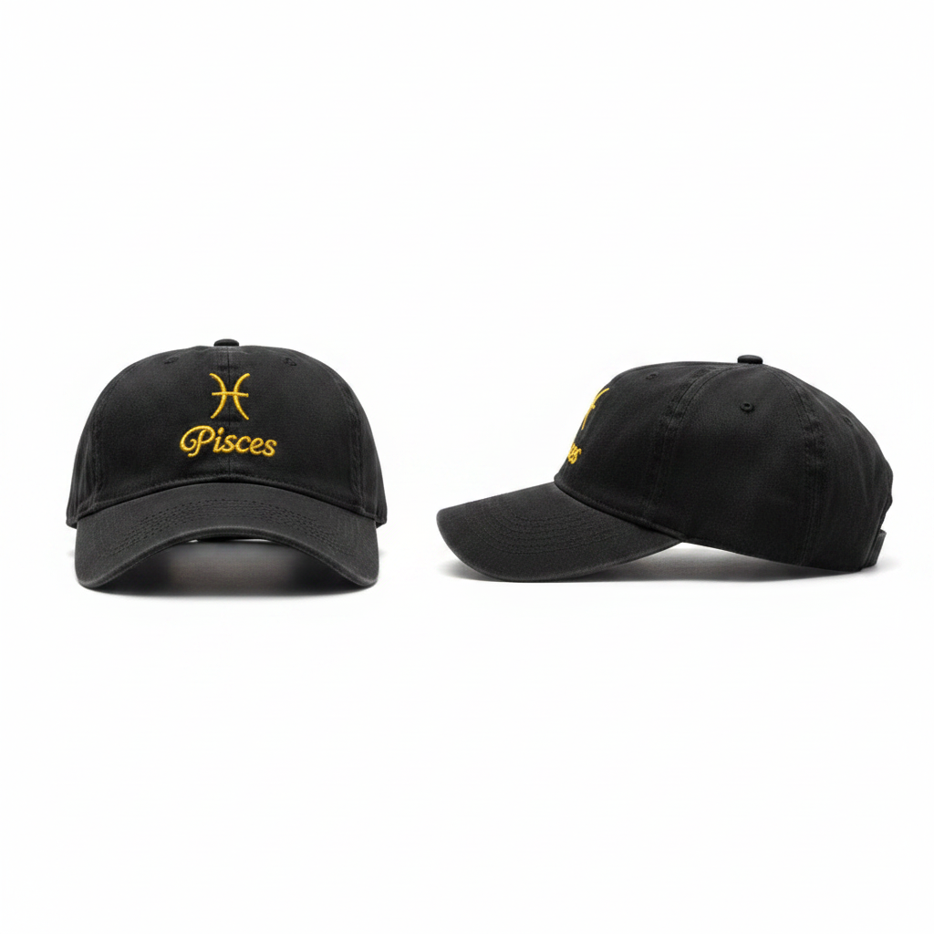Charcoal black Pisces zodiac embroidered dad cap with gold embroidery – ghost mannequin front and side view