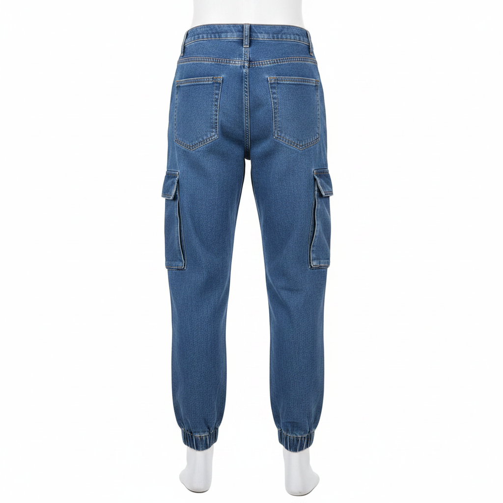 Blue Denim Cargo Jogger Jeans – Back Ghost Mannequin