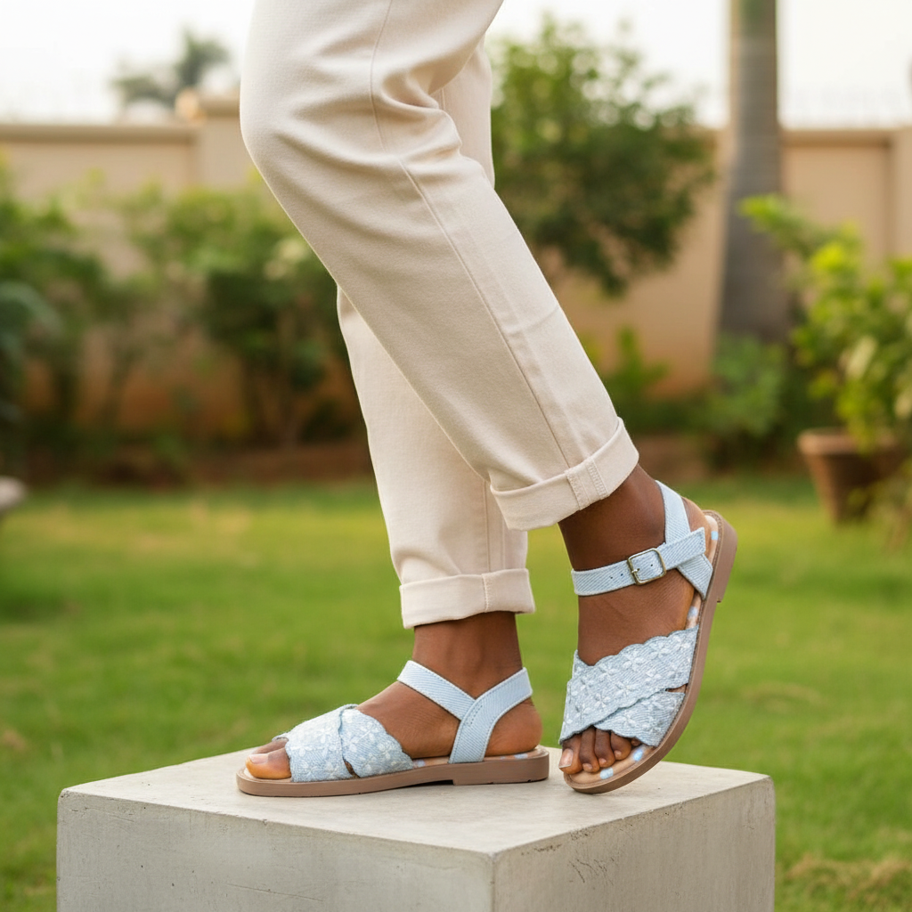 Nigerian female model wearing light blue floral lace sandals