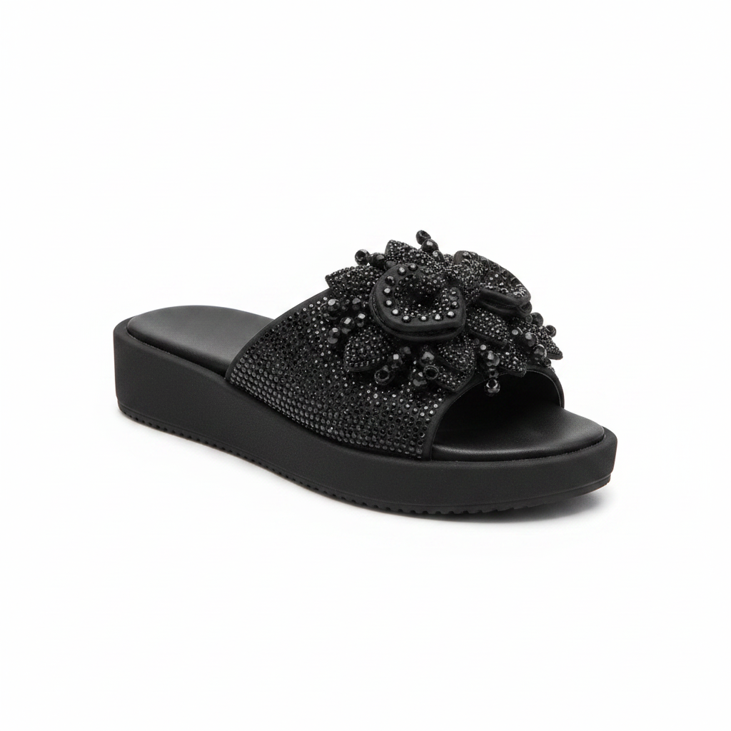 Women's Black Rhinestone Beaded Floral Flat Mule - Ghost Mannequin