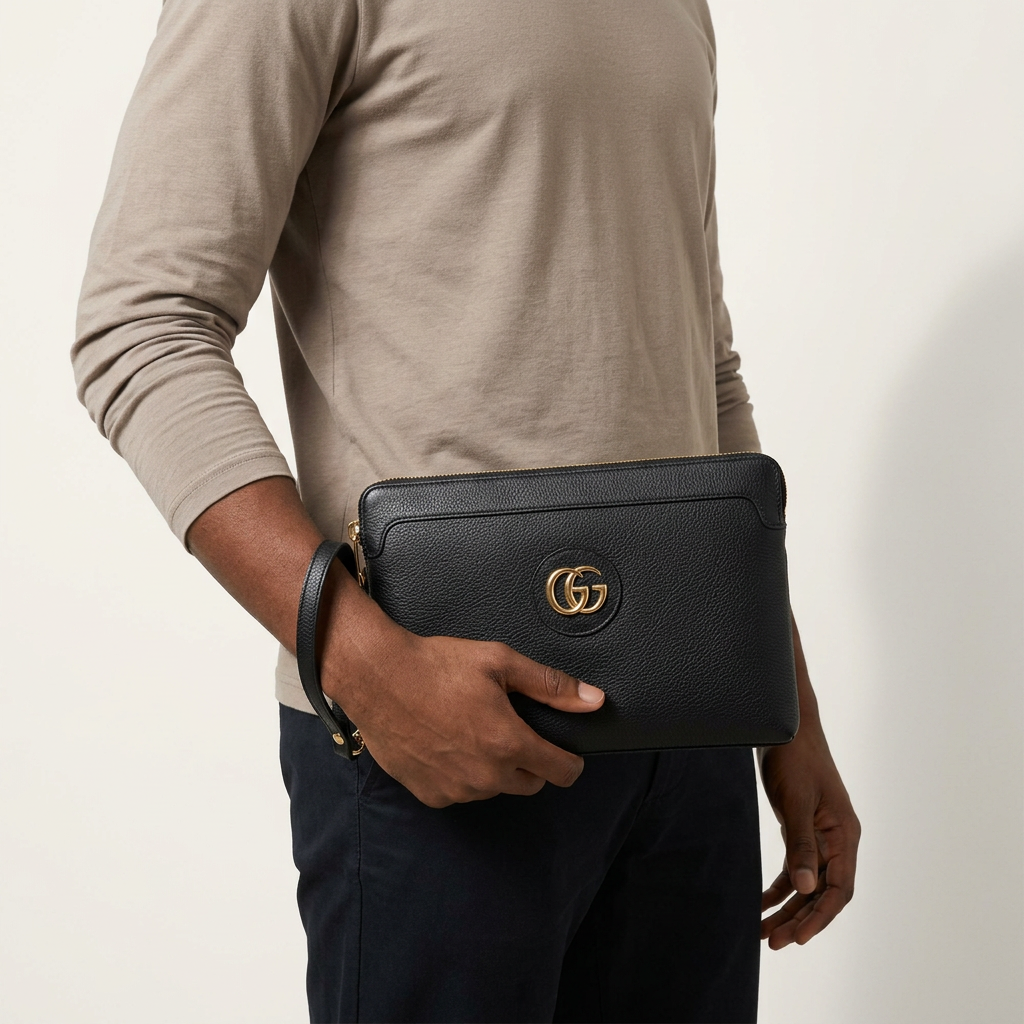 Plain textured black wristlet clutch carried by a male model