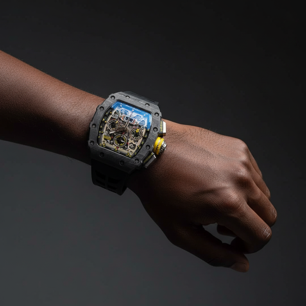 Nigerian man wearing carbon TPT skeleton chronograph watch with black strap and yellow accents, wrist close-up