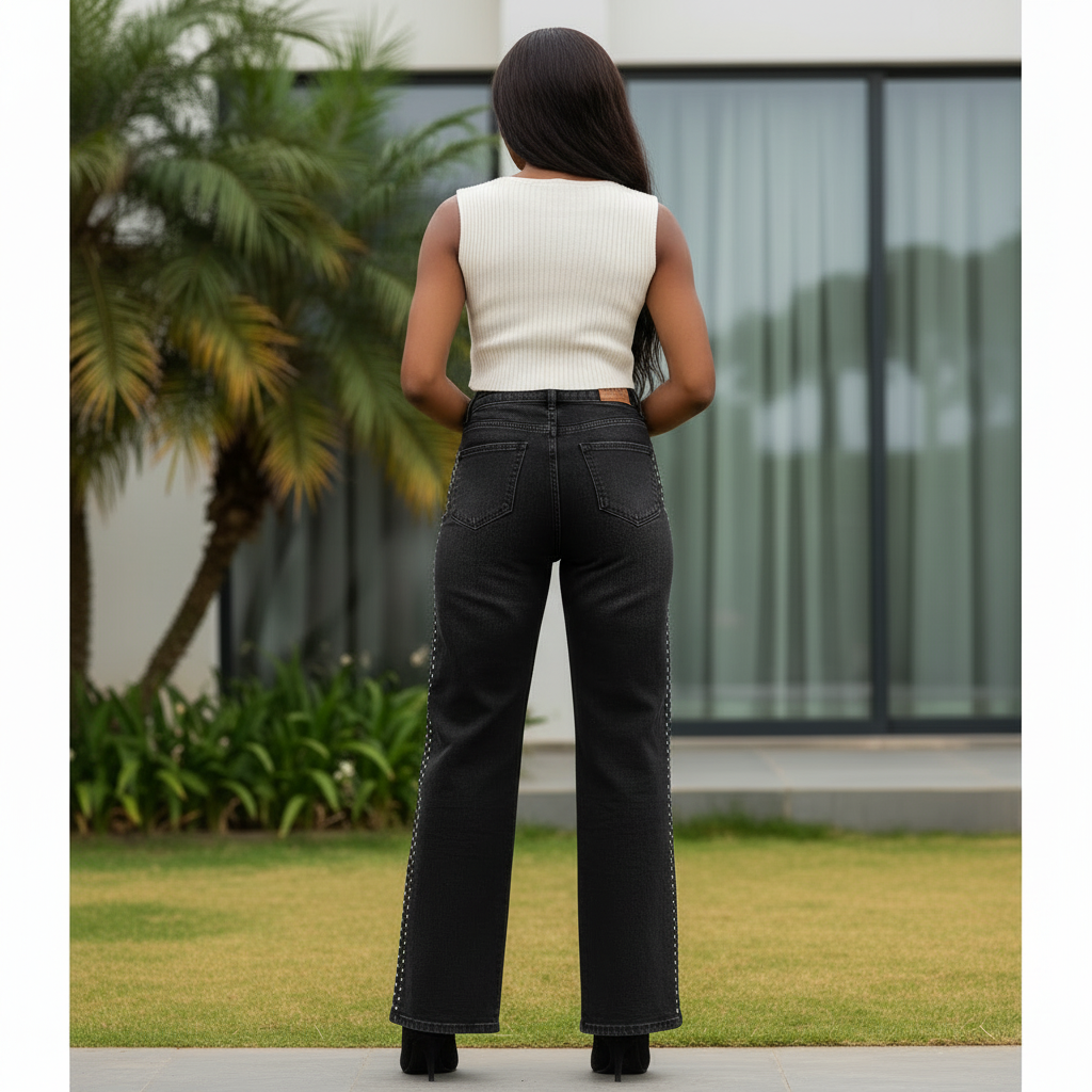 Rhinestone Side-Stripe Wide-Leg Jeans - Back View