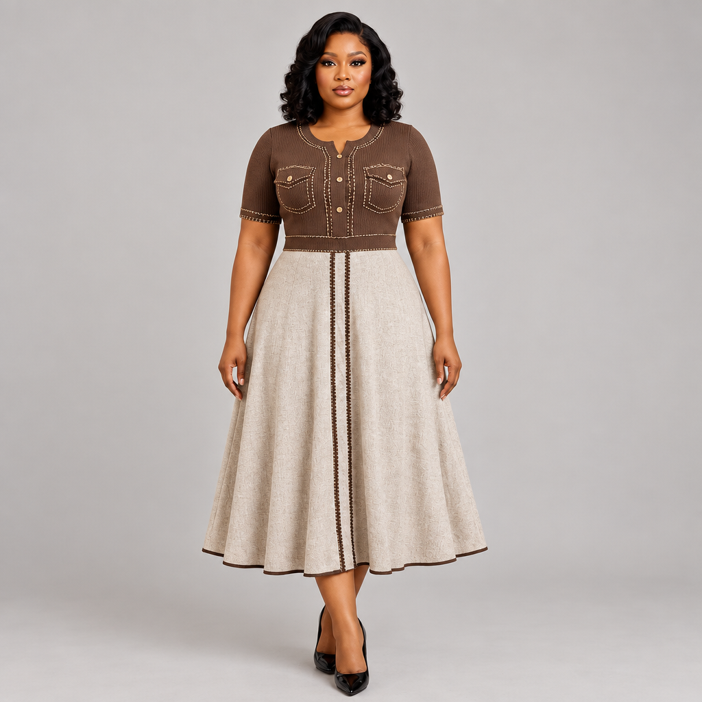 Model wearing brown and cream contrast gown