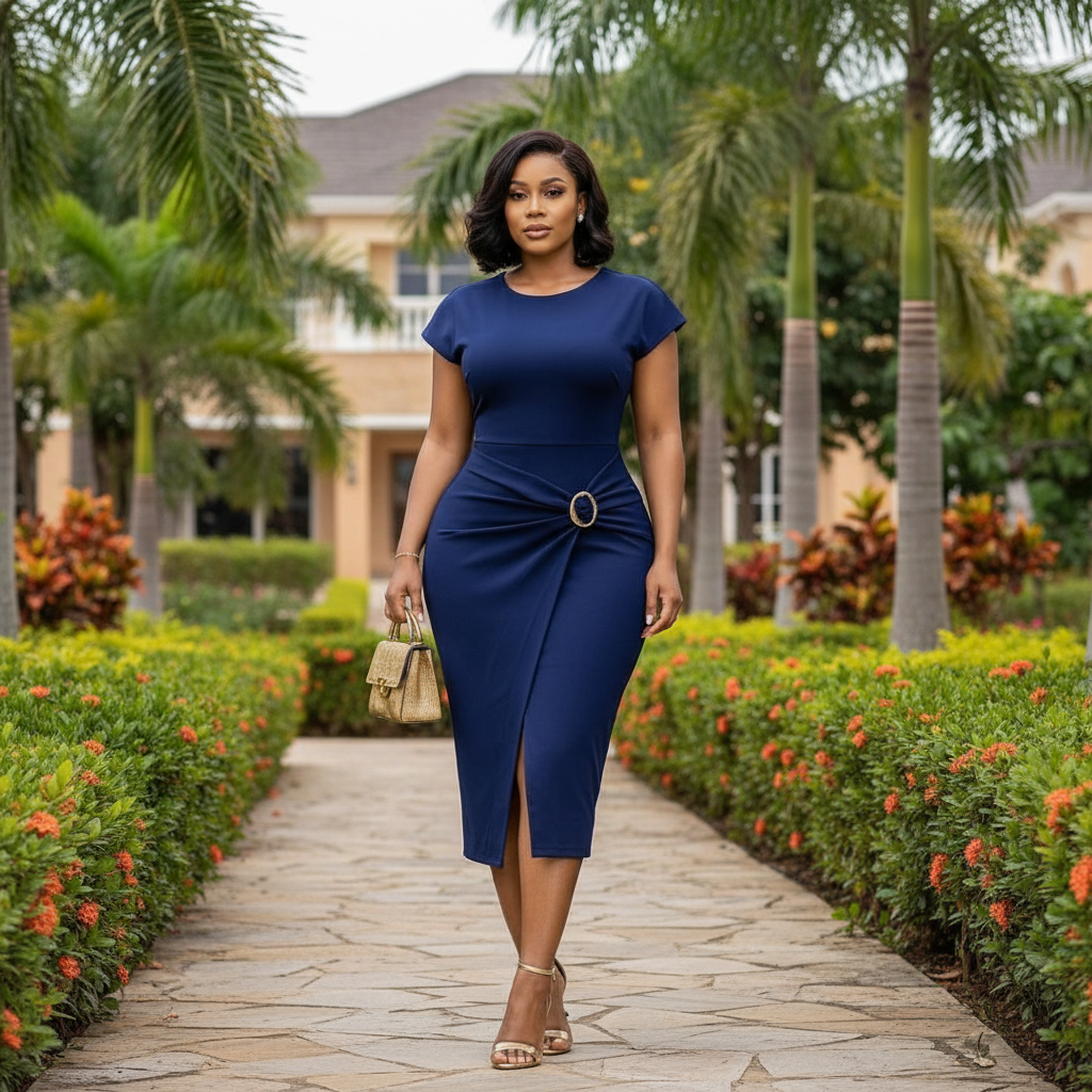 Women's Navy Blue O-Ring Buckle Short-Sleeve Fitted Midi Dress – Nigerian Female Model