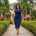 Women's Navy Blue O-Ring Buckle Short-Sleeve Fitted Midi Dress – Nigerian Female Model