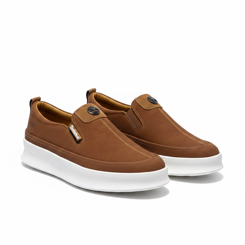 Men's tan brown nubuck slip-on sneakers pair on white platform
