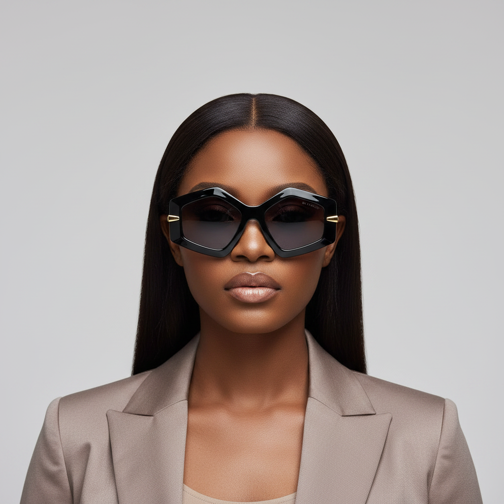 Nigerian female model with sleek weavon wearing oversized geometric black frame gold ribbed temple sunglasses – editorial medium shot professional grey background