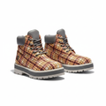 Timberland 6-inch tartan plaid heritage boot pair ghost mannequin product shot, plain white background