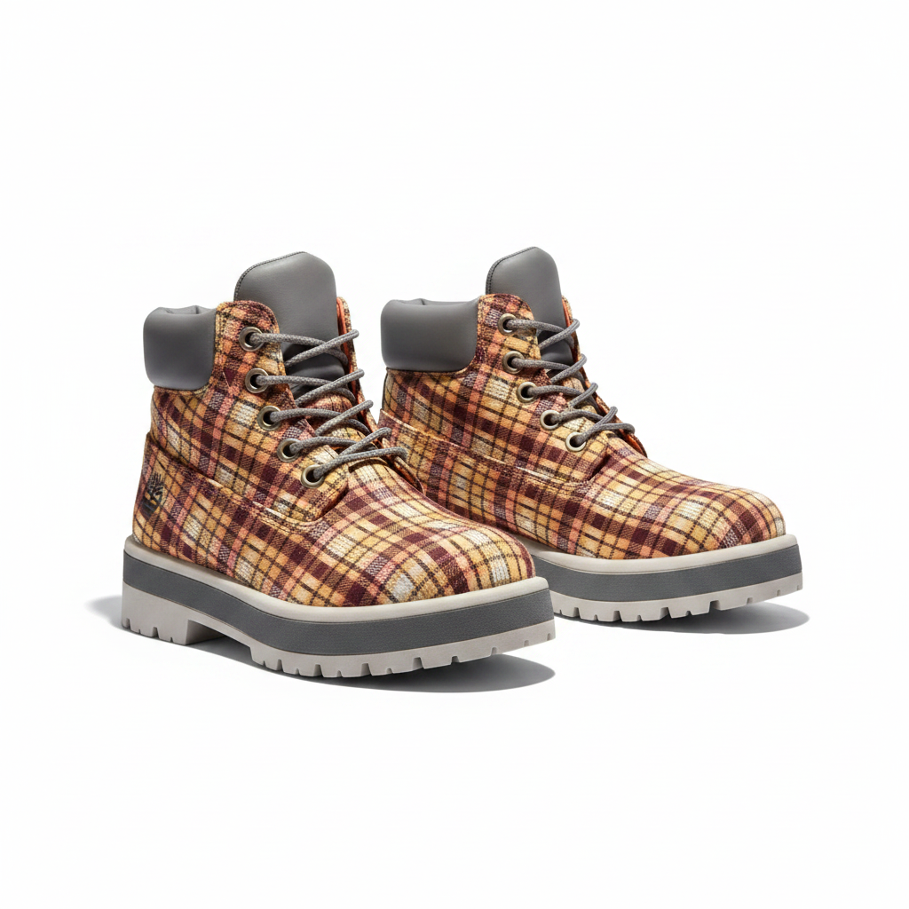 Timberland 6-inch tartan plaid heritage boot pair ghost mannequin product shot, plain white background