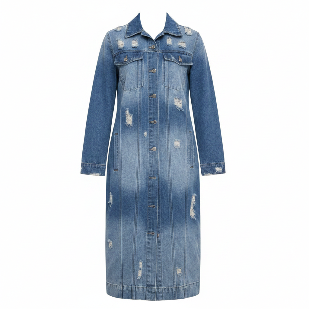 Blue Distressed Longline Denim Coat – Front Ghost Mannequin
