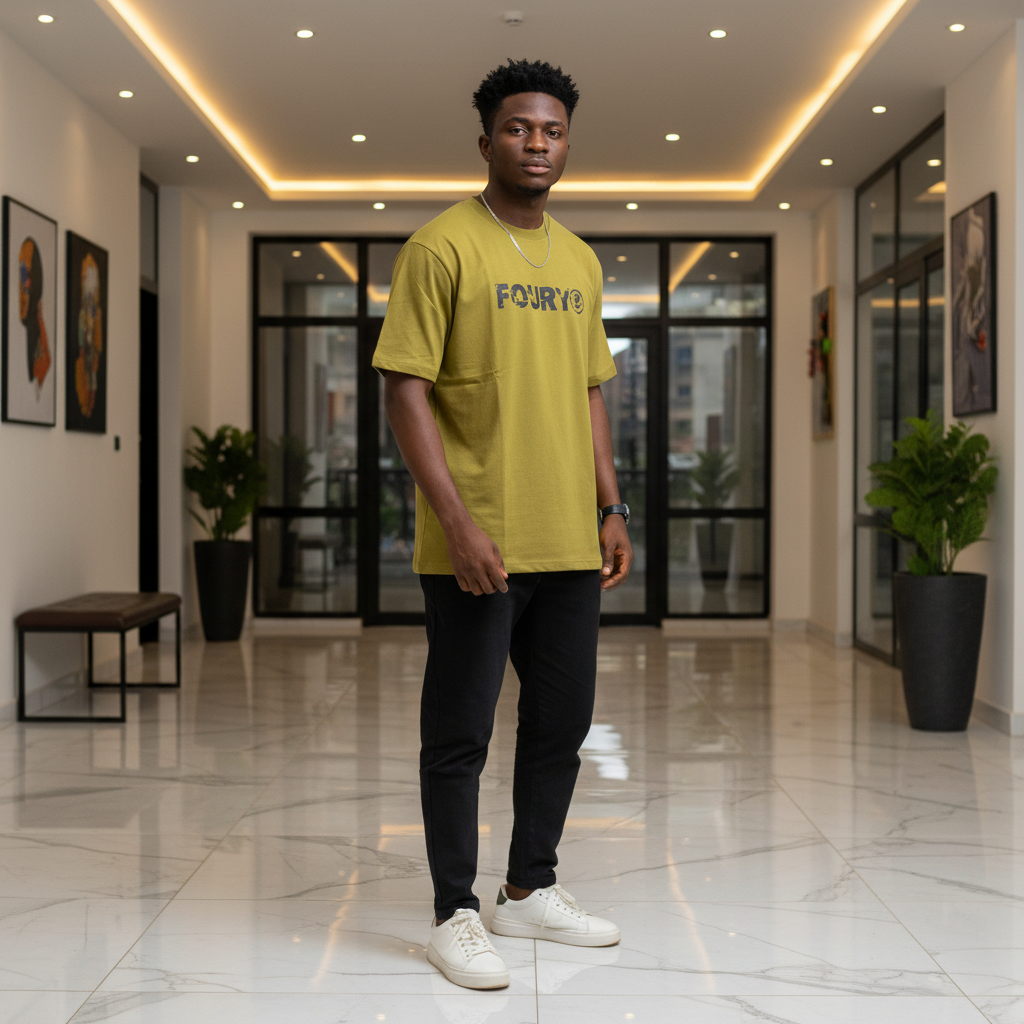 Olive Mustard Foury Graphic Oversized Tee – Model Shot
