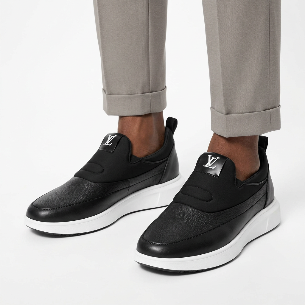 Black textured slip-on shoes worn on both feet