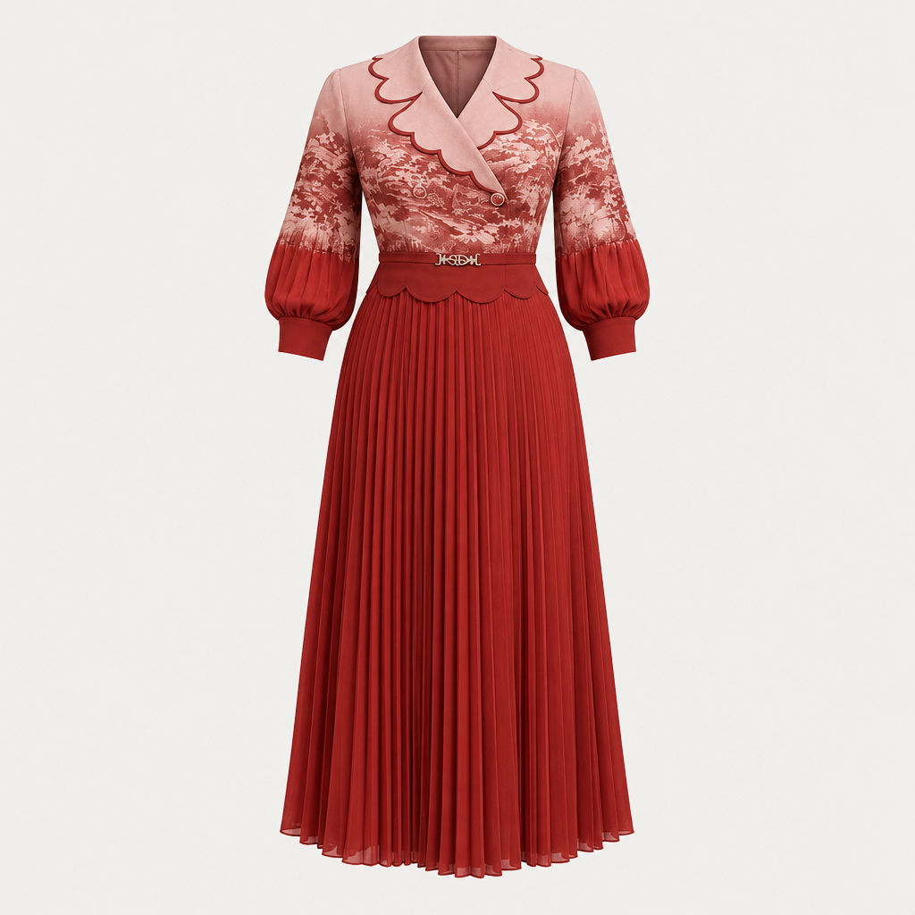 Ghost mannequin view of a wine-red pleated gown with a patterned bodice and scalloped collar