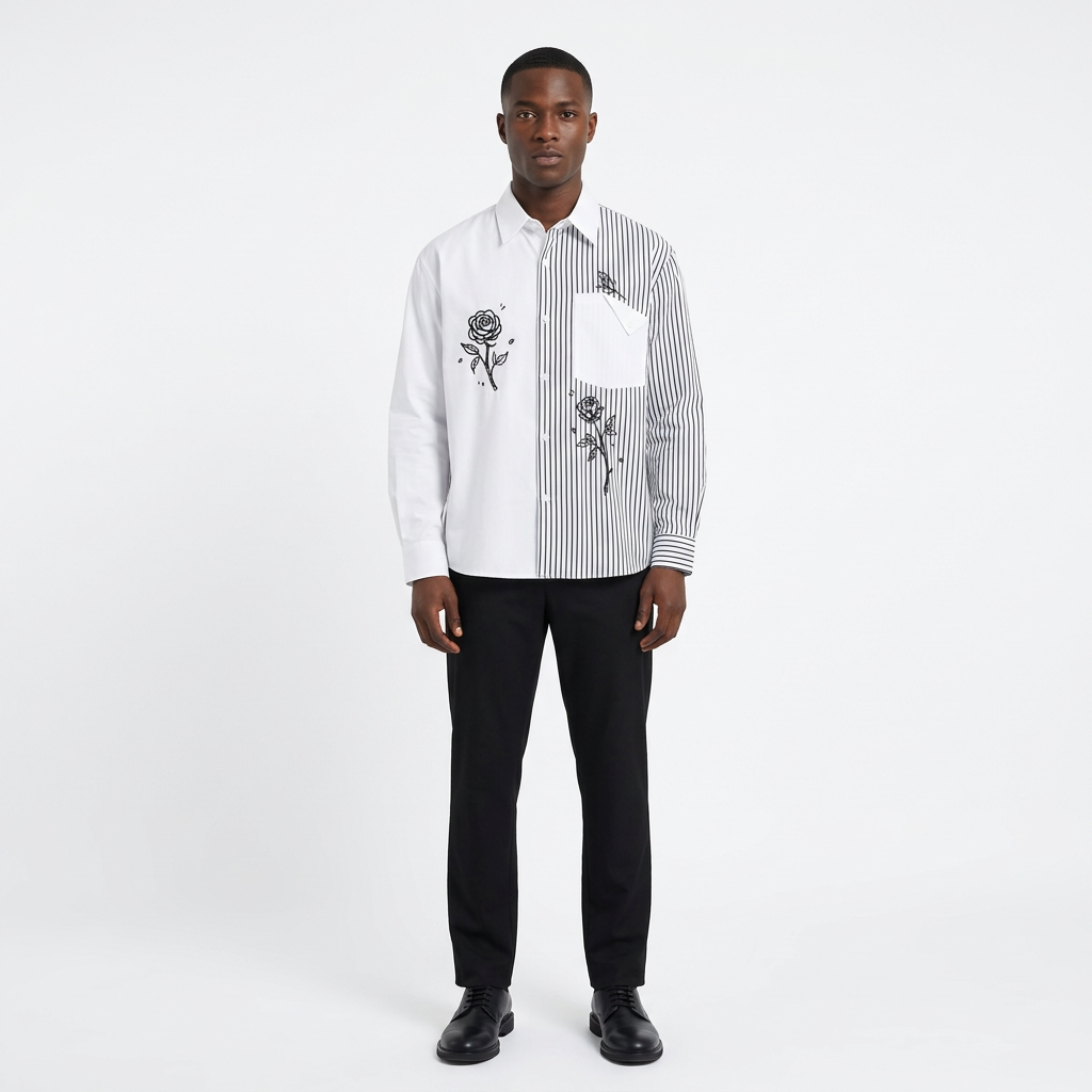 Full-body adult Black man wearing a white and black pinstripe rose-print shirt