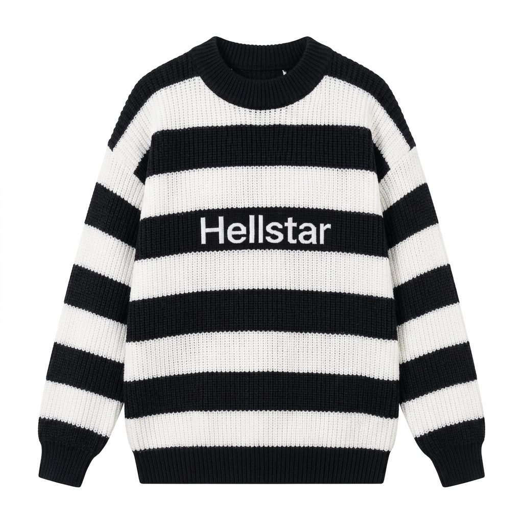 Black and white broad-striped crew-neck knit sweater on an invisible mannequin