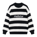 Black and white broad-striped crew-neck knit sweater on an invisible mannequin