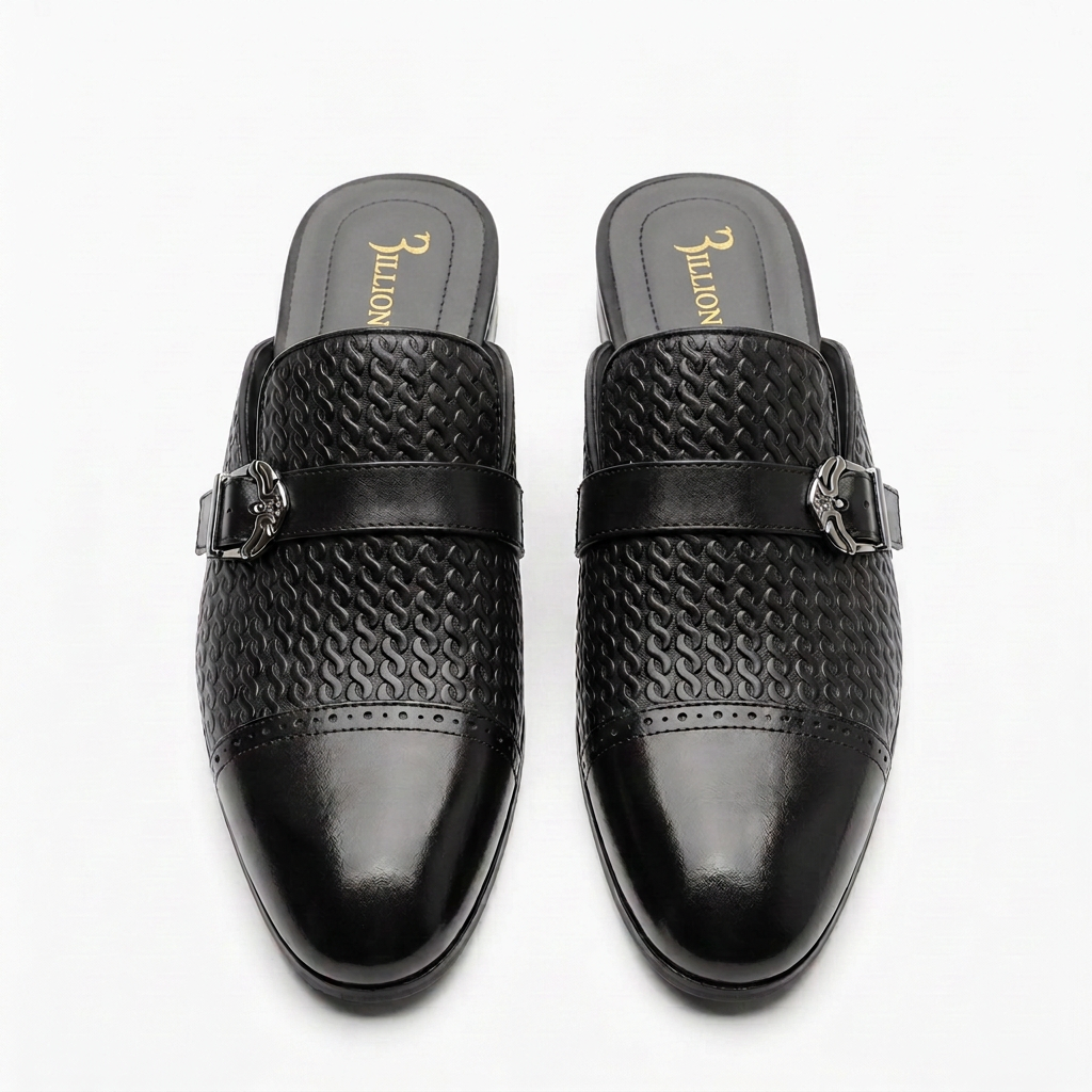 Pair of men’s black buckle cap-toe mule shoes