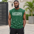 Black Nigerian adult model wearing a green distressed sleeveless graphic shirt
