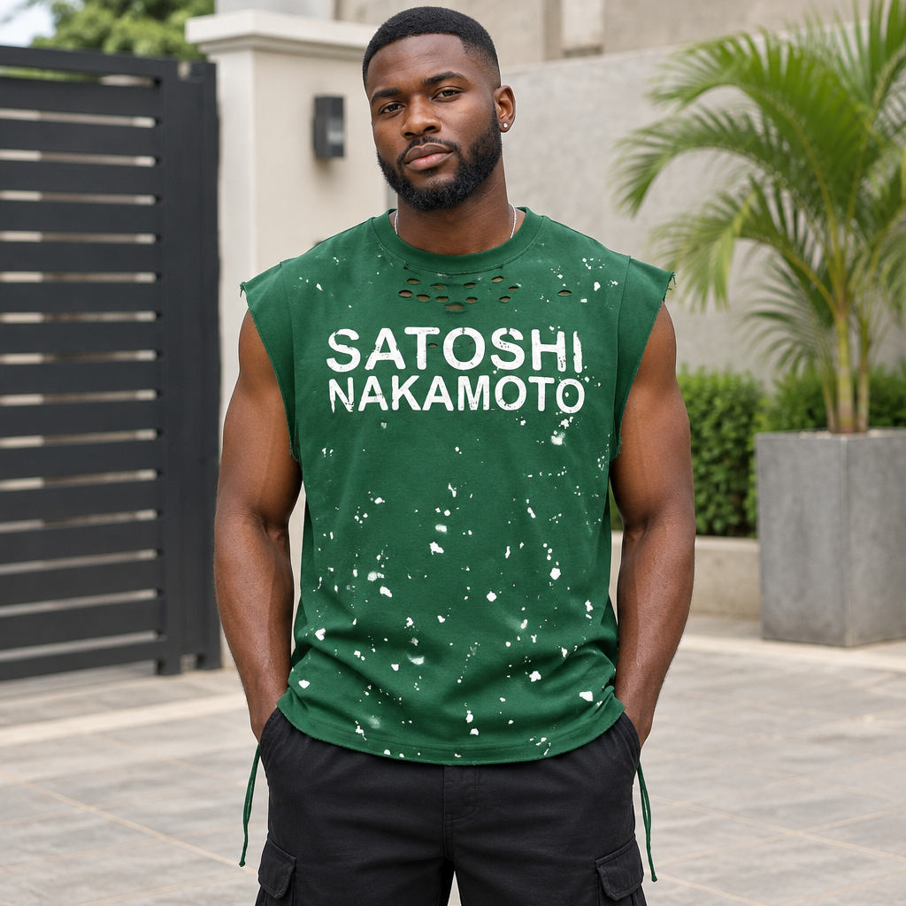 Black Nigerian adult model wearing a green distressed sleeveless graphic shirt
