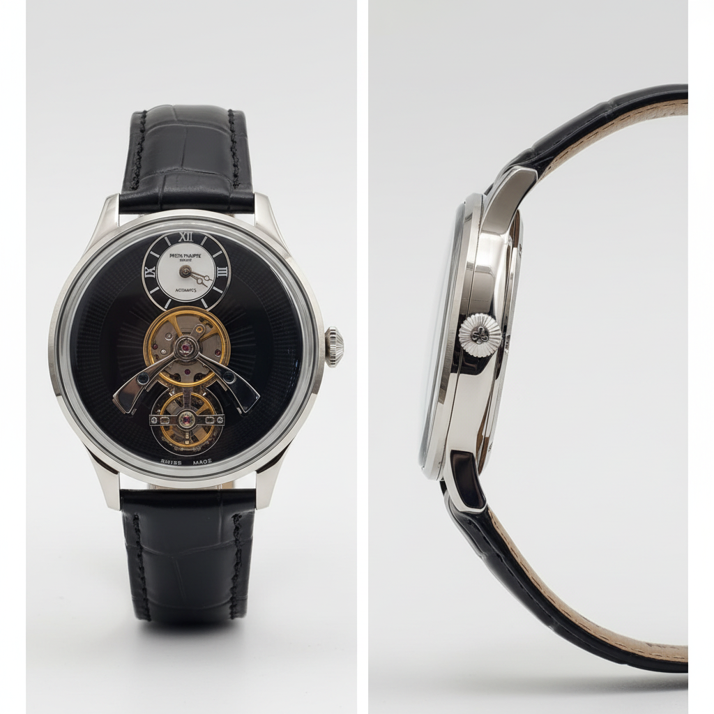 Men's black dial skeleton automatic watch – front and side ghost mannequin view