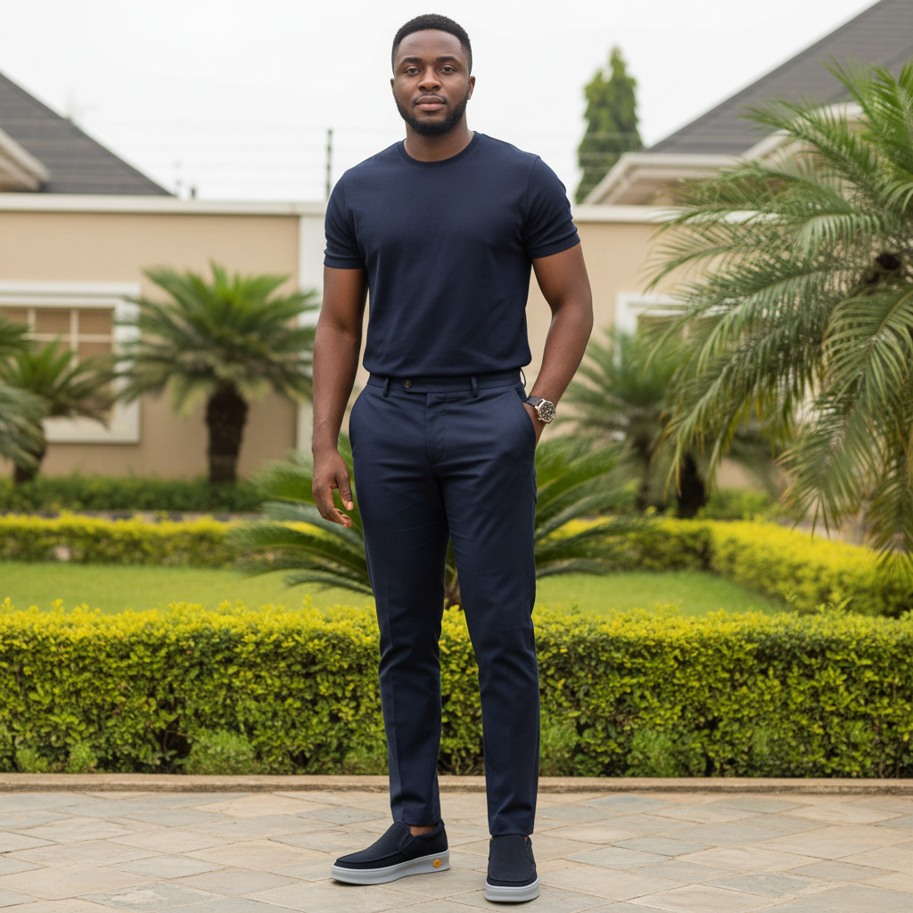 Nigerian male model wearing navy blue suede slip-on sneakers with grey sole in garden setting