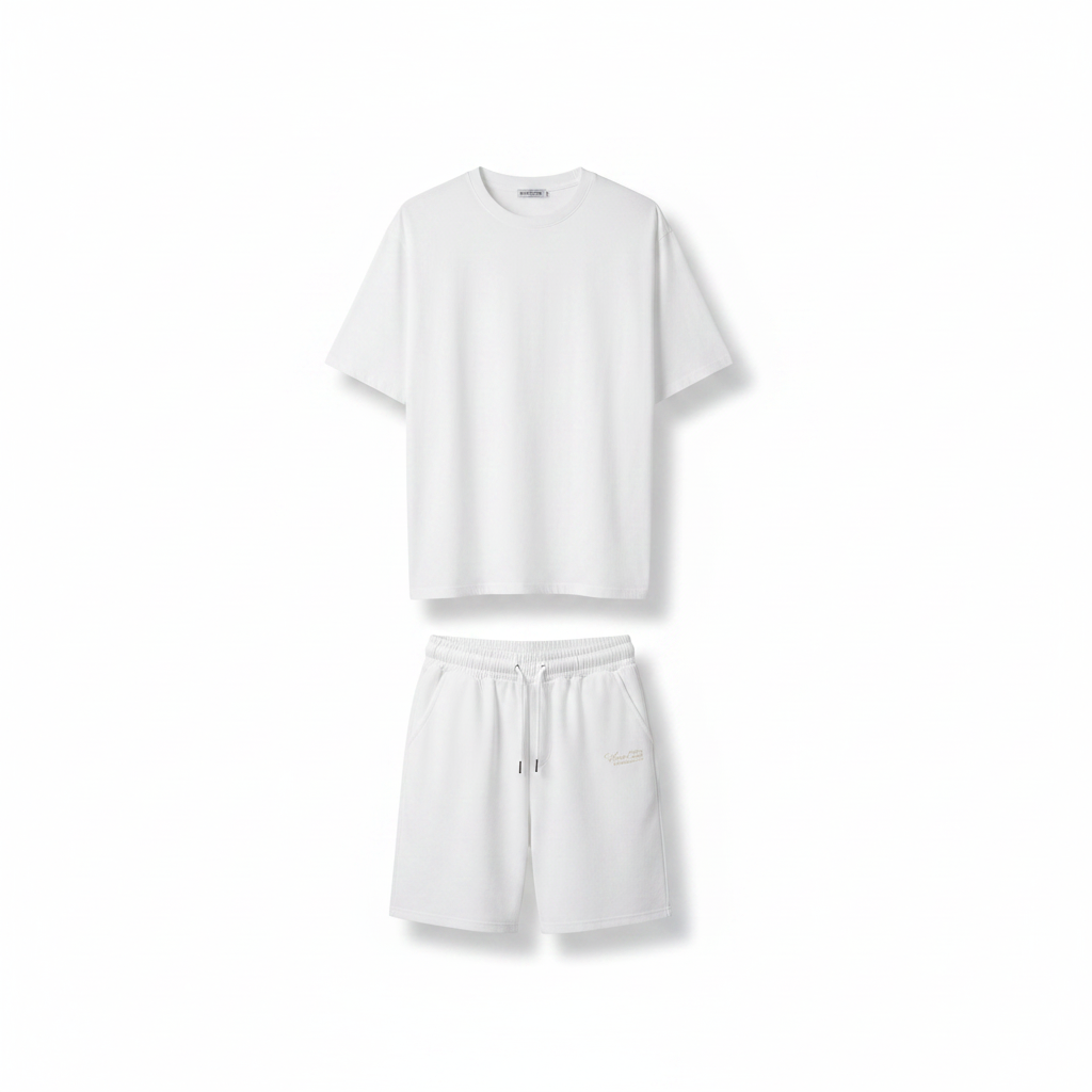White matching co-ord set on ghost mannequin, white background