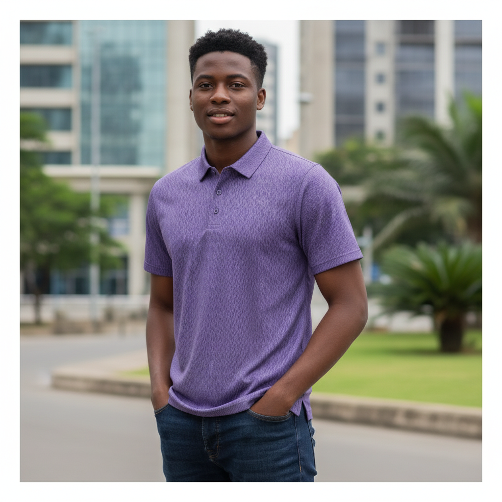 Purple Jacquard Textured Polo Shirt - Model Shot