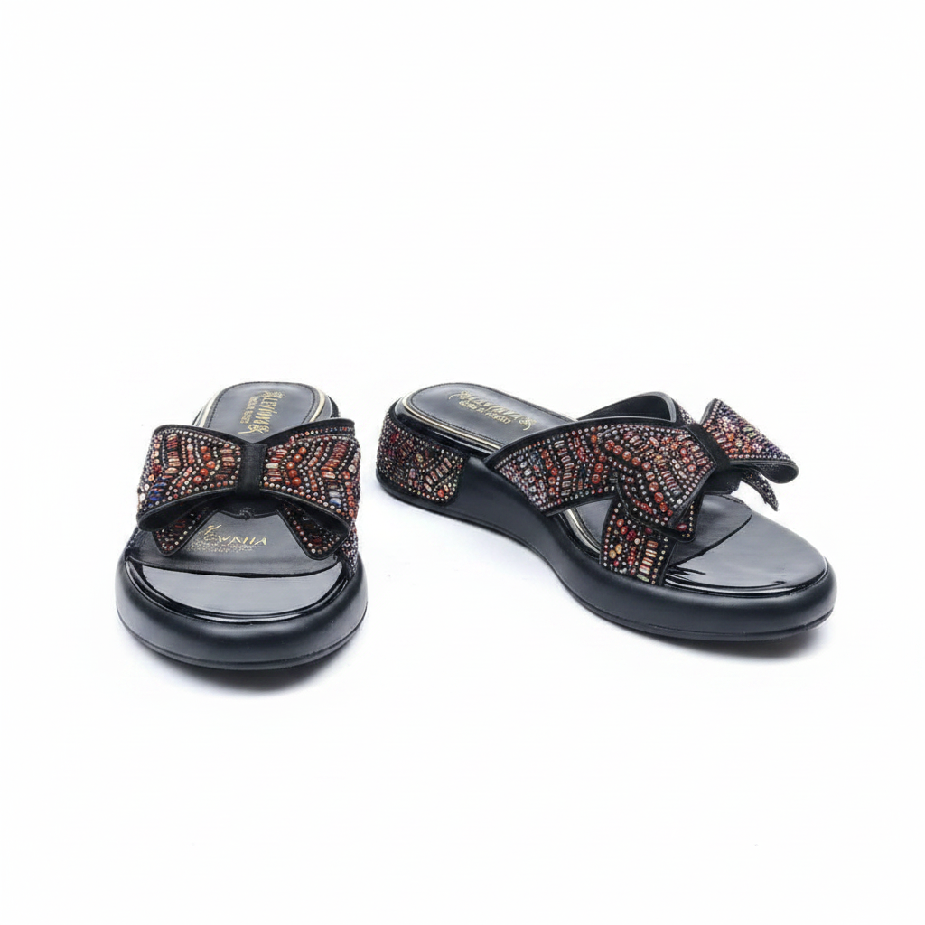 Women's multicolour rhinestone bow cross-strap beaded mule slipper - ghost mannequin pair view