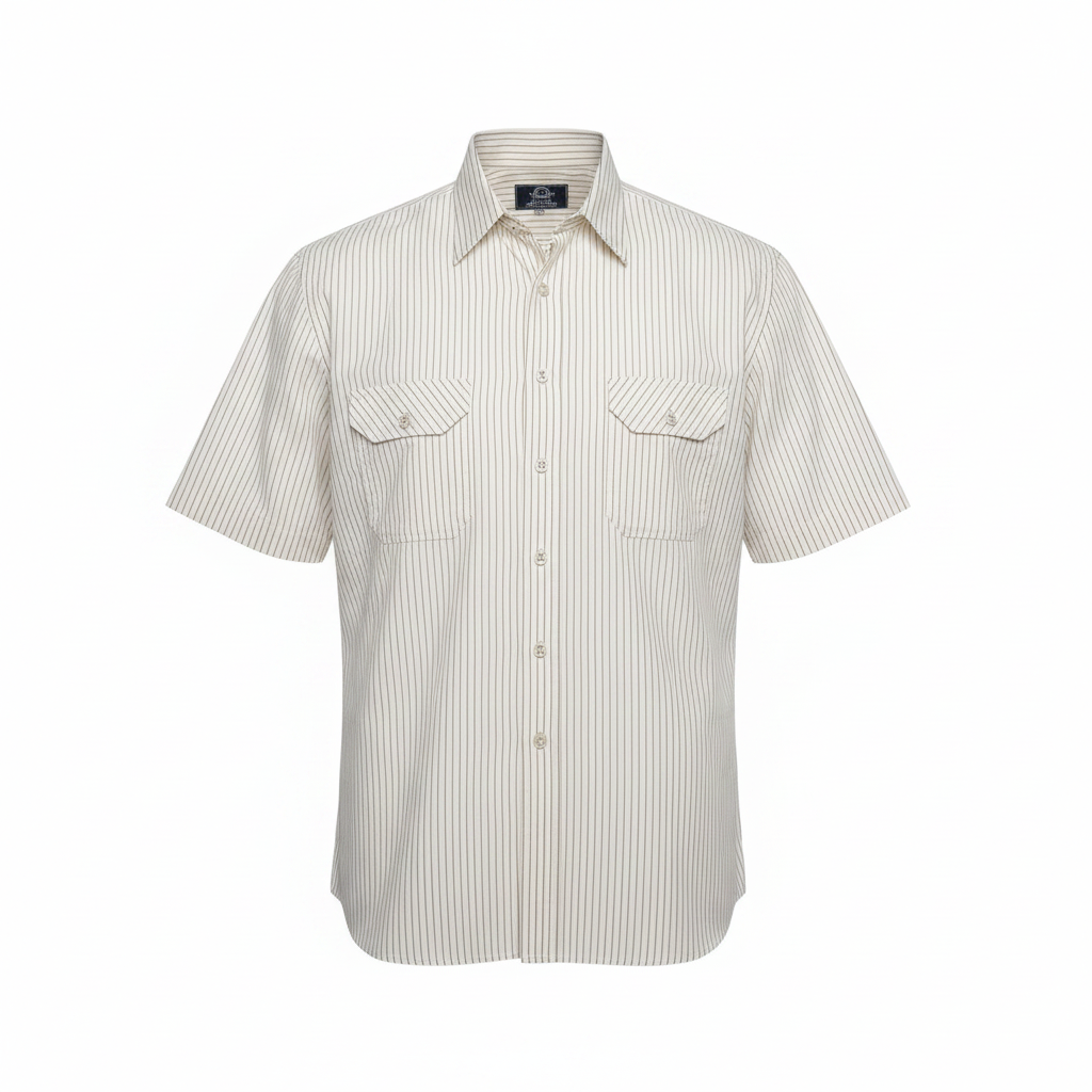 Ghost mannequin of cream and brown pinstripe short-sleeved shirt on white background
