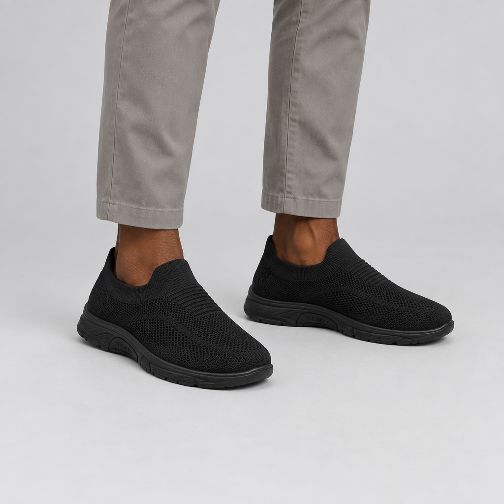 Both all-black knit slip-on sneakers worn by a Nigerian man against a plain studio background