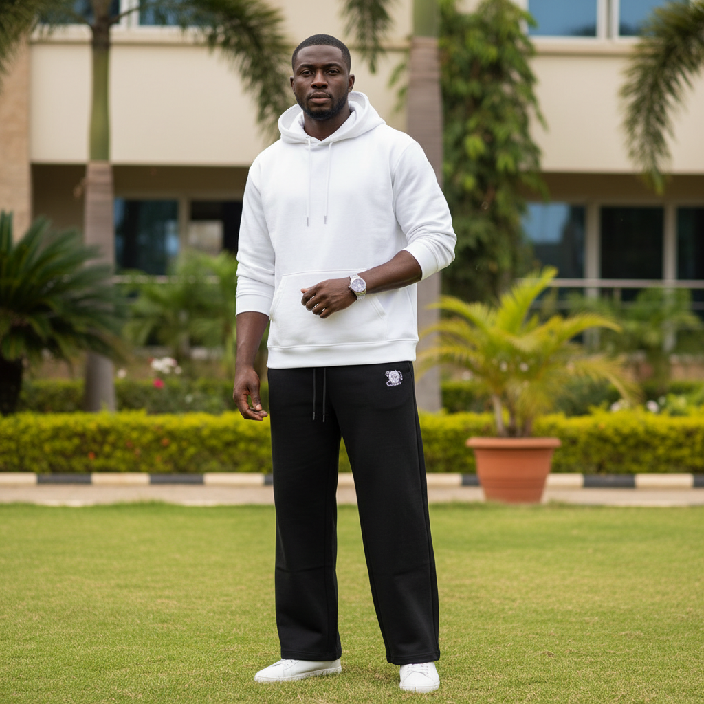 Nigerian male model wearing black wide-leg joggers in outdoor setting
