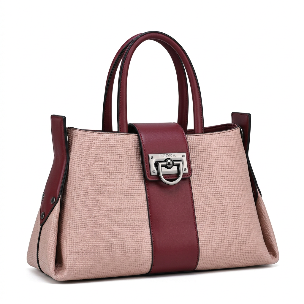 Blush-pink textured handbag with burgundy handles and silver-tone ring clasp on white