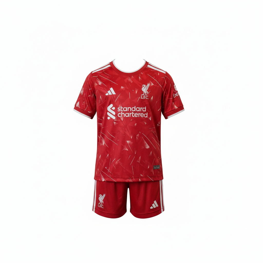 Kids' red crystal-print football jersey set – ghost mannequin front view on white background
