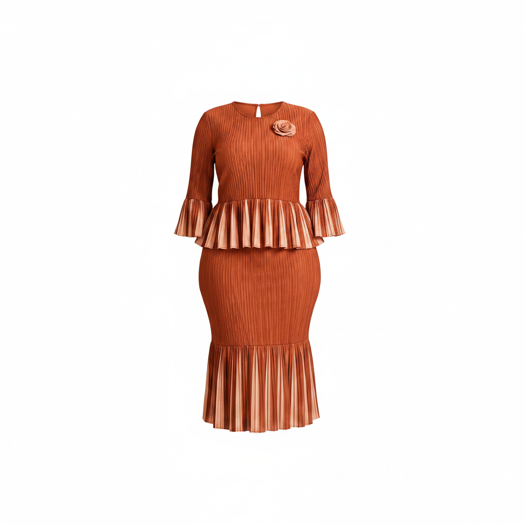 Ghost mannequin view of burnt orange and gold pleated peplum blouse and mermaid midi skirt set