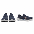 Men's navy blue knit slip-on sneaker with orange S logo ghost mannequin front and side view pair