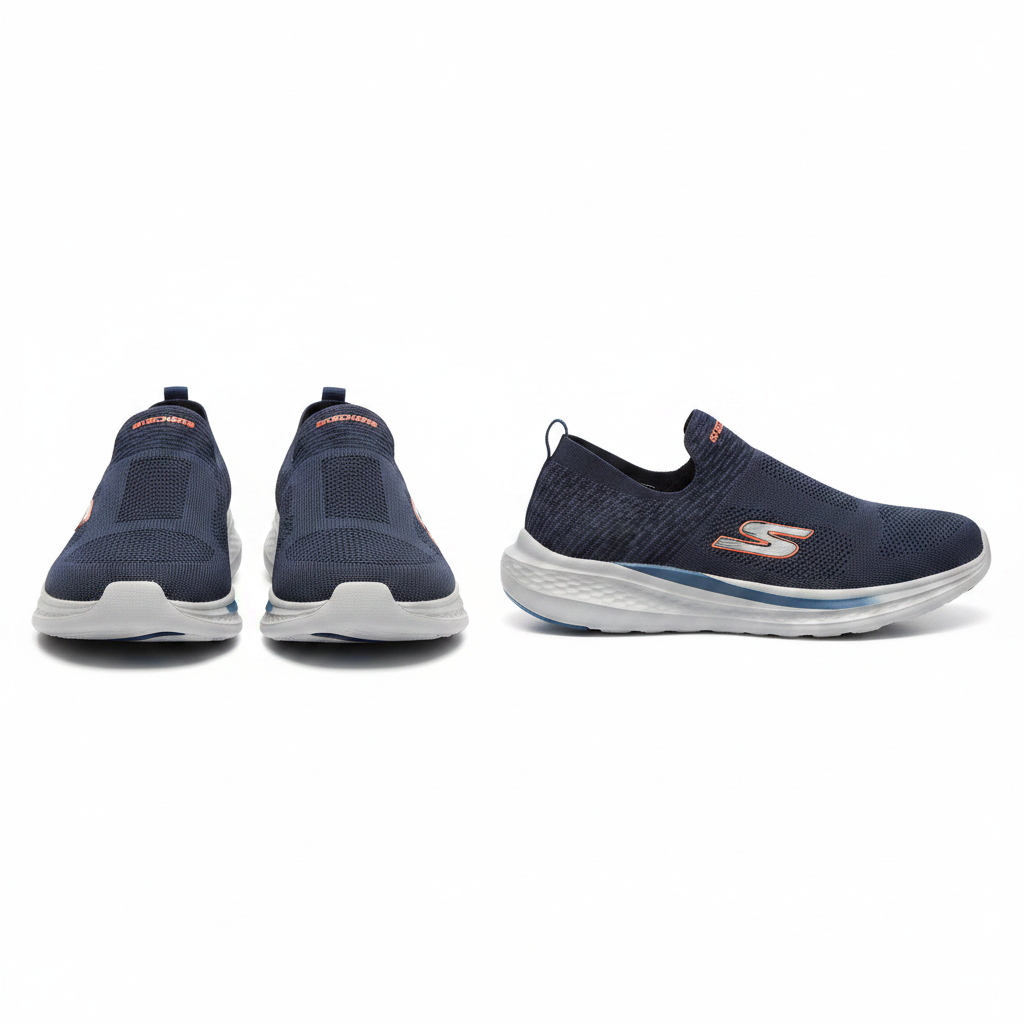 Men's navy blue knit slip-on sneaker with orange S logo ghost mannequin front and side view pair
