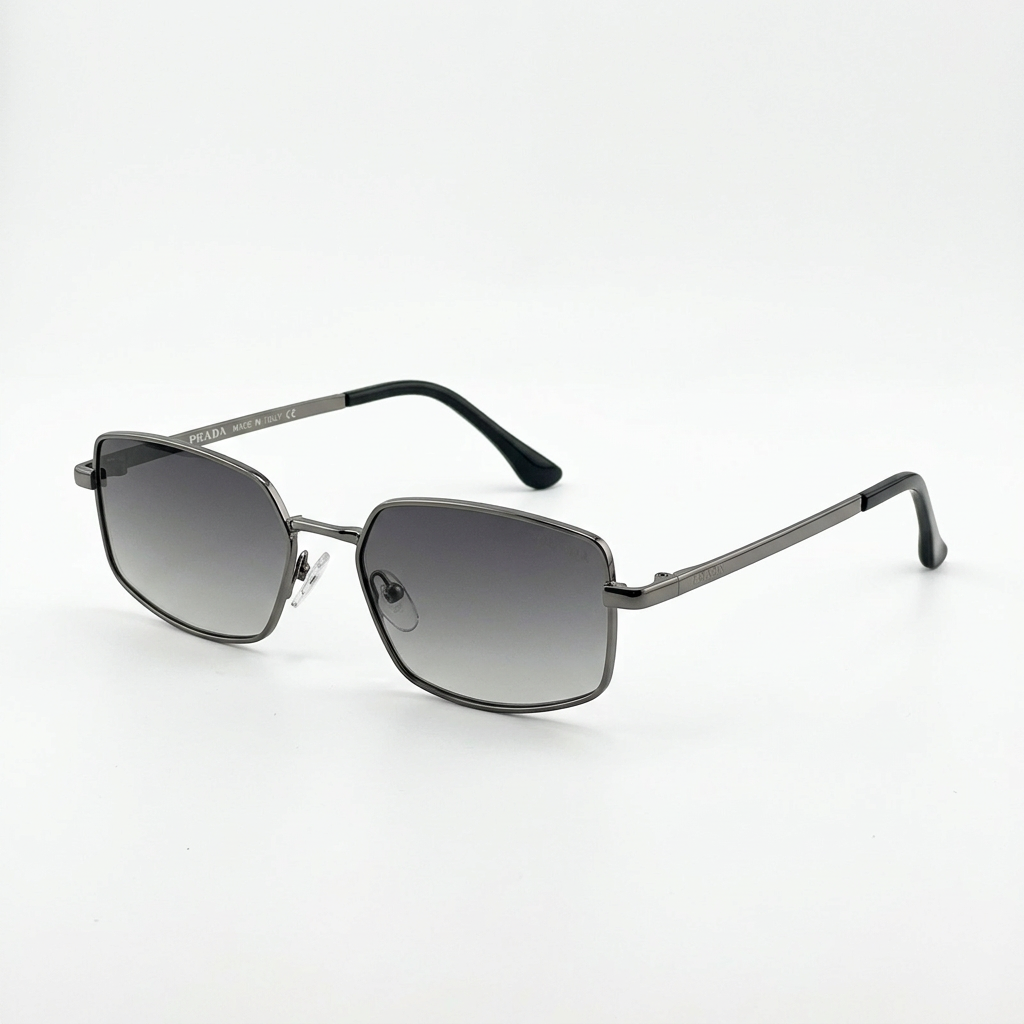 Gunmetal square sunglasses with grey gradient lenses and silver-tone arms